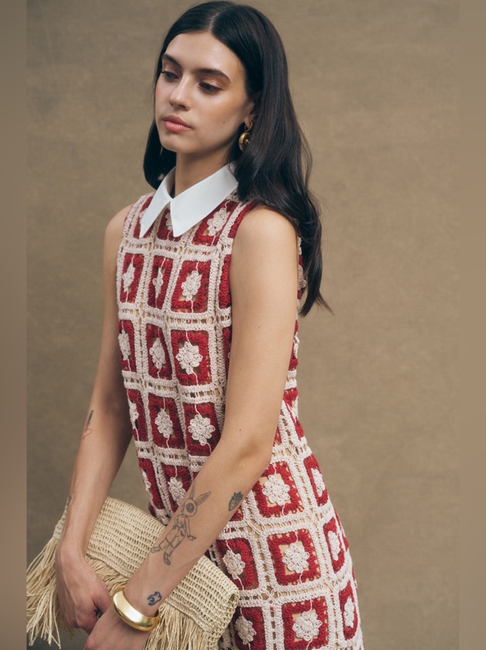 Maude Club Sawyer Red Crochet Mini Dress with White Collar Size S NWT